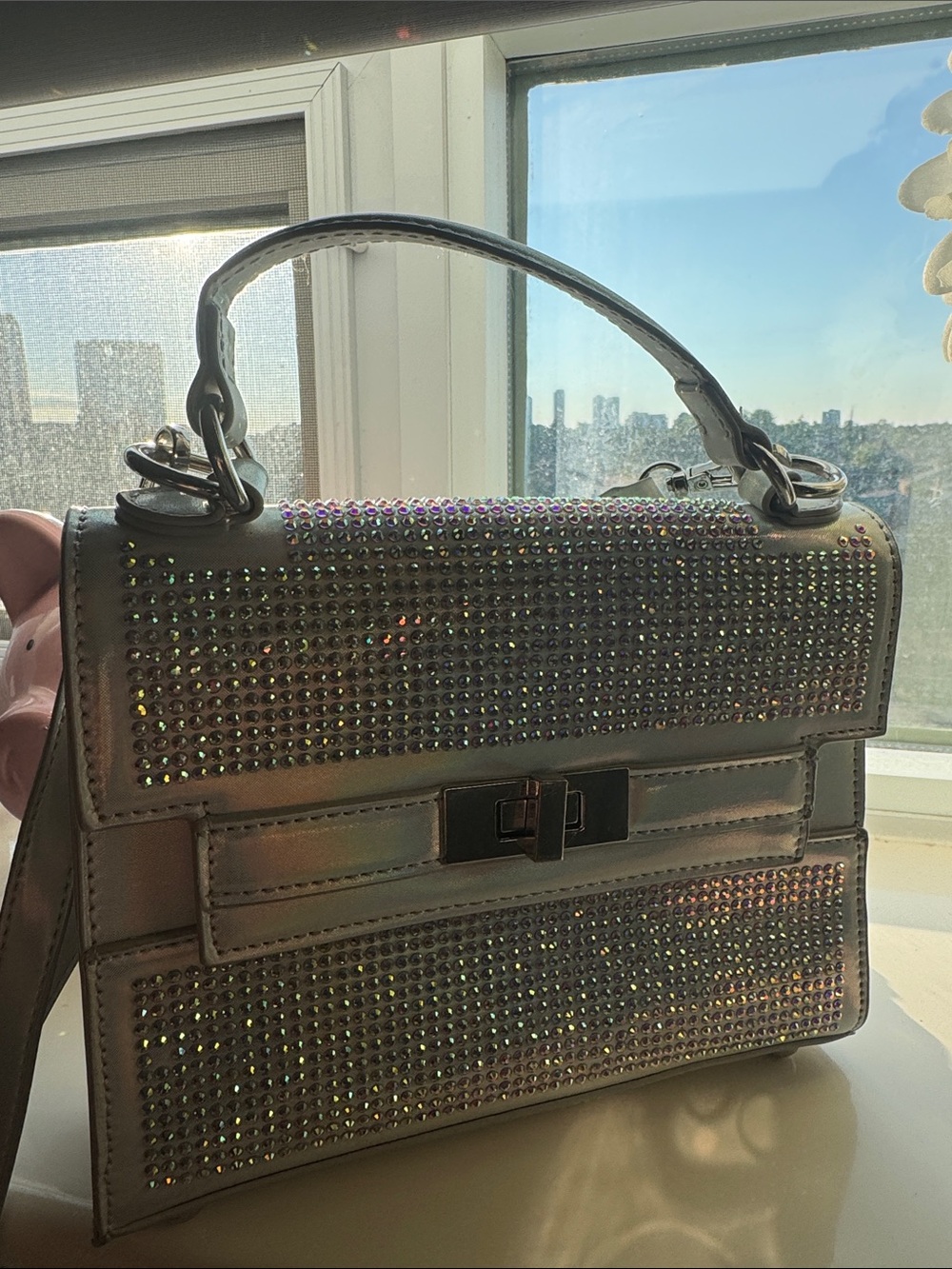 Iridescent Silver Mini Crossbody Bag with Crystal Accents Call it Spring